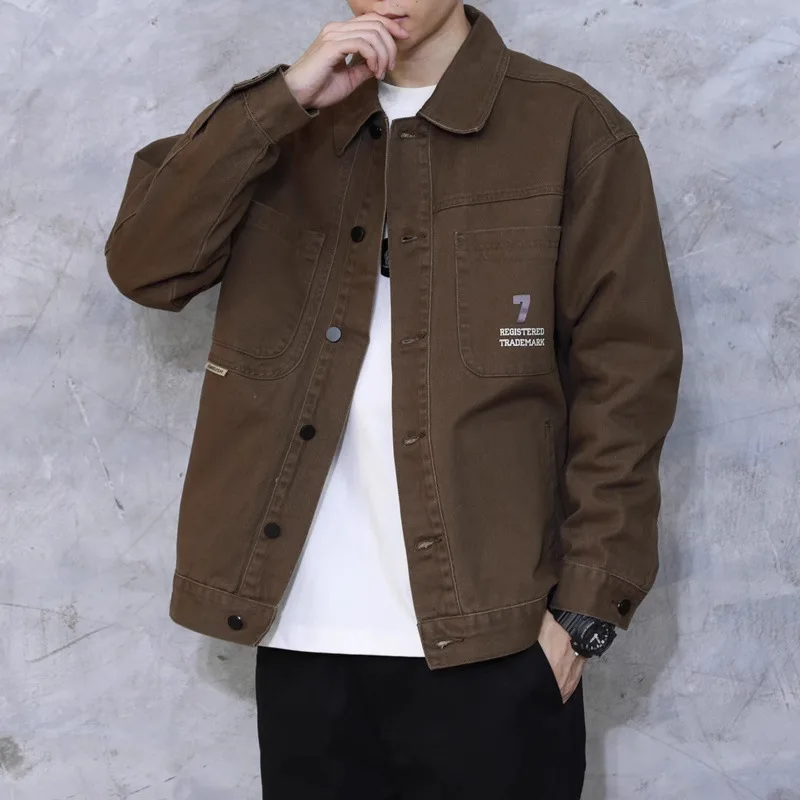 

Retro Fashion Designs Brown Tooling Jacket Men's Spring Autumn New Loose Spliced Buttons Coats Casual Printed Letter Men Jackets