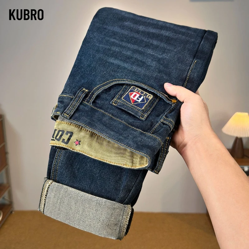 Celana Jeans Denim Pria Gaya Punk Koboi Klasik Streetwear Musim Gugur Musim Dingin Stretch Slim Fit Korea Kasual
