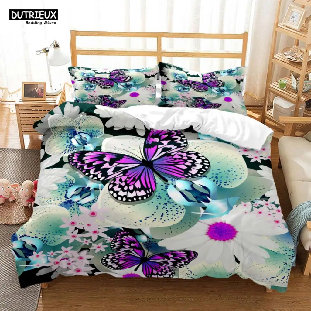 Butterfly Print Digital Print Polyester Bedding Sets,Girl's Cover, Queen cover&2pcs Pillowcase,Boys Bed Linen Set For Teens