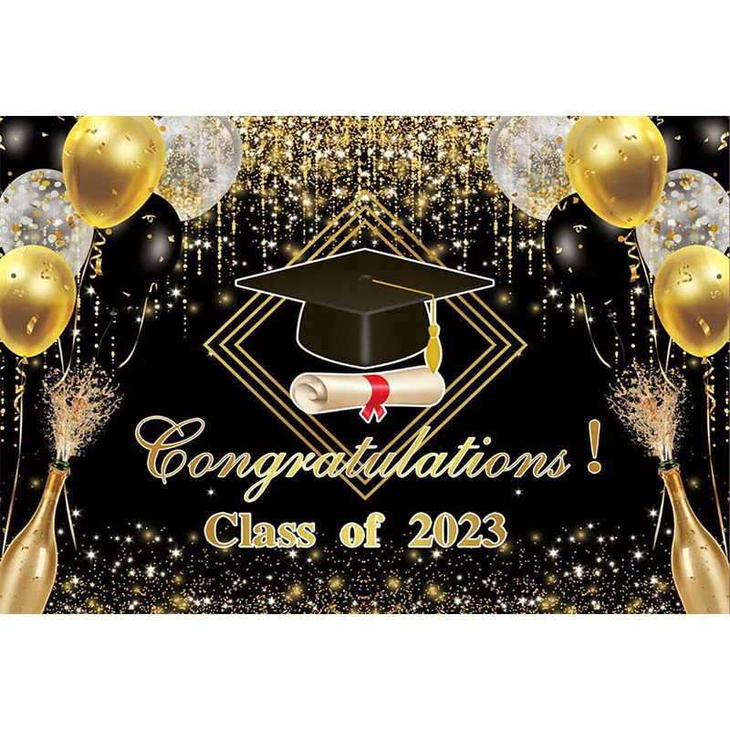 Avezano Photography Background Black and Golden Celebrate Graduation Hat Class of 2023 Balloon Champagne Party Backdrop Decor