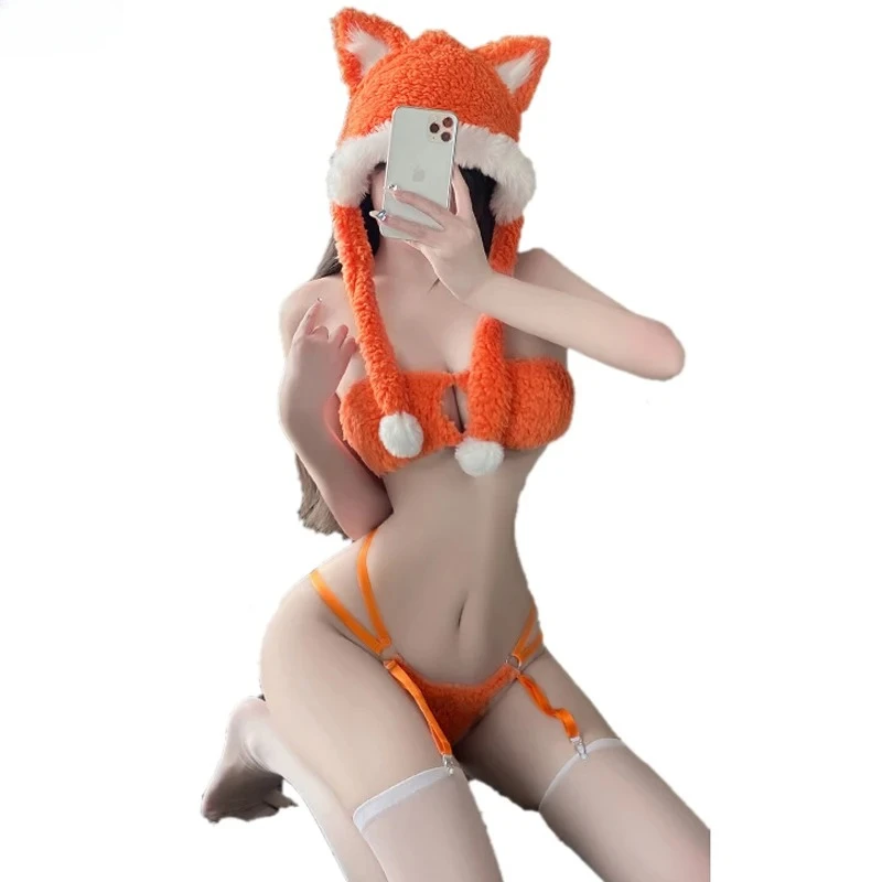 Cute Fox Plush Underwear Temperament Uniform Clothes Women Hollow Secret Lingerie Outfits Erotic Costume