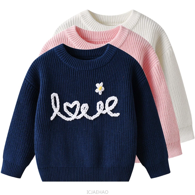 

Kids Pullover Birthday Outfit Handmade Love Embroidery Baby Knit Sweater Winter Cotton Infant Toddler Warm Clothes Cute Gift