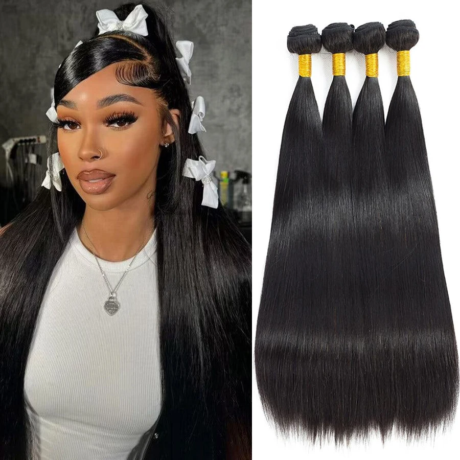 

Натуральные прямые пучки бразильских волос Remy, 30 дюймов, 1, 3, 4 шт., необработанные, натуральный черный цвет