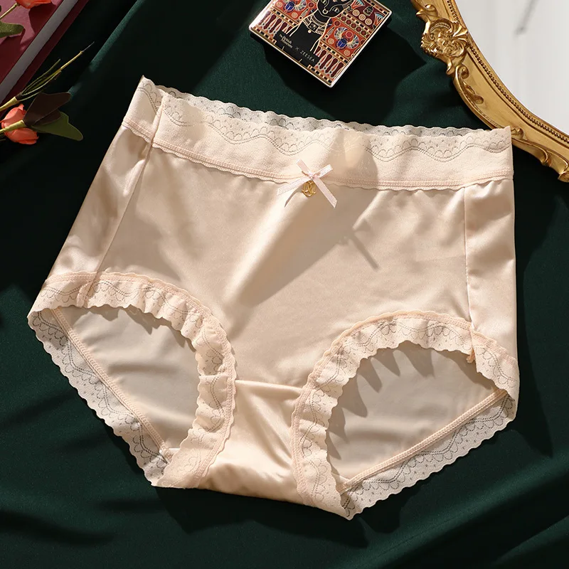 Lace Sexy Women Panties Big Size Mid Waist Seamless Luxury Satin Underwear Ladies Elastic Comfortable Breathable Briefs Lingerie