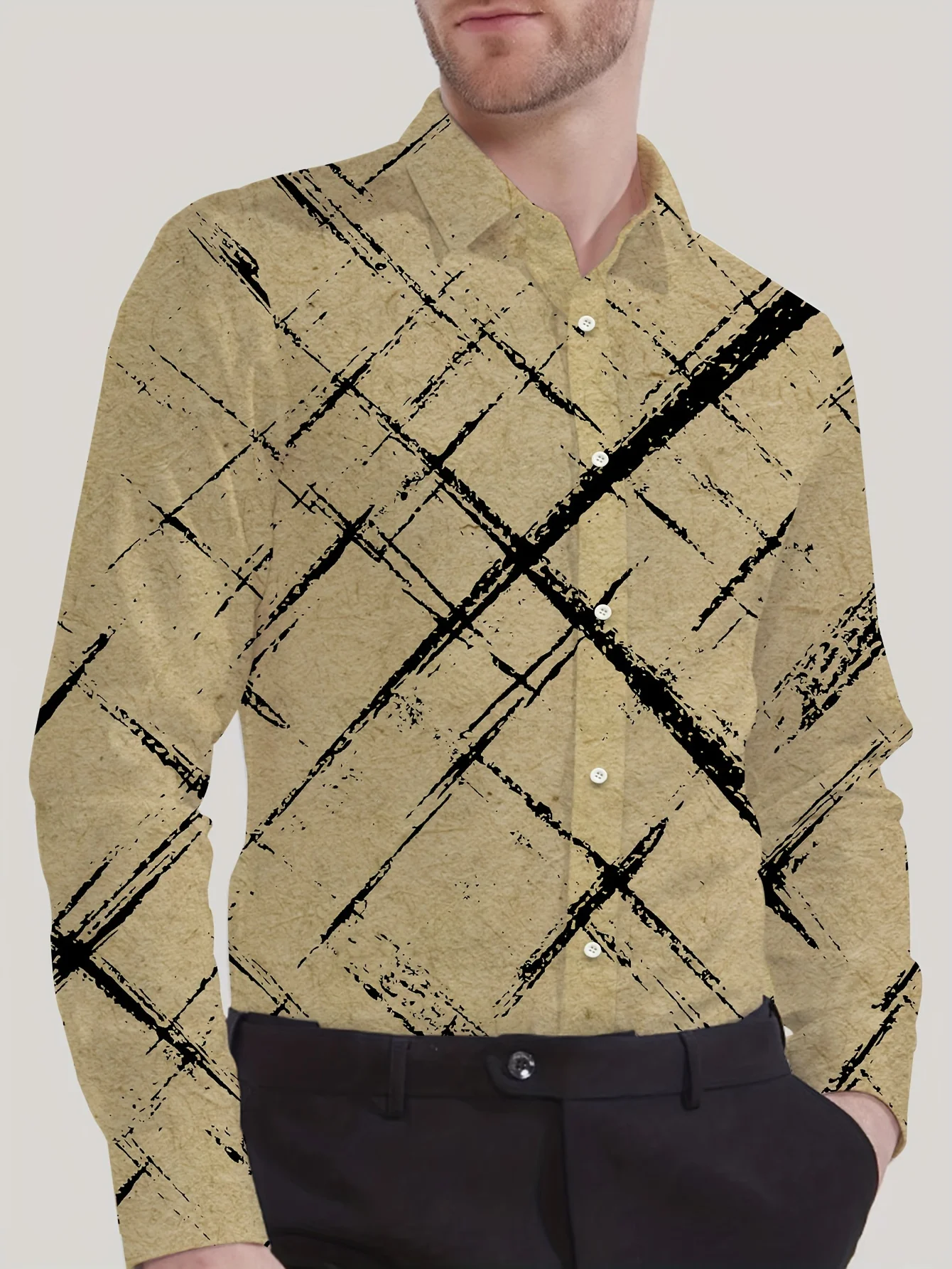 

Men'S Plus Size Stylish Ship and Compass Print Shirt - Long Sleeve, Casual Button-Up with Lapel Collar, Perfect for Spring/