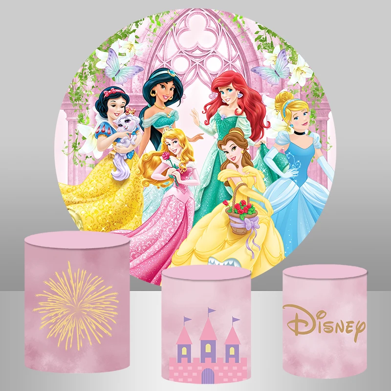 Disney Princess Round Backdrop Cover Girls Happy Birthday Party Decoration Polyester Elastic Baby Shower Circle Background