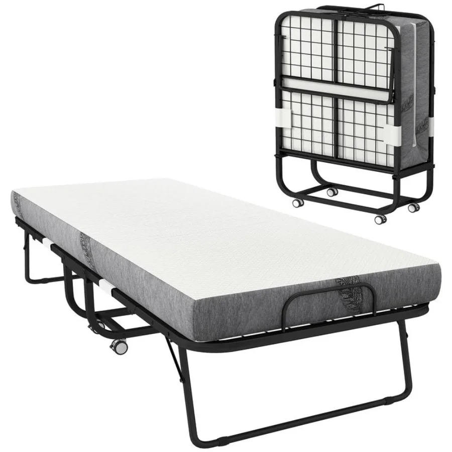 

Lit pliant 1 personne 200 x 80 cm avec matelas, lit d'appoint pliable et portable sur roulettes, cadre en acier, blanc