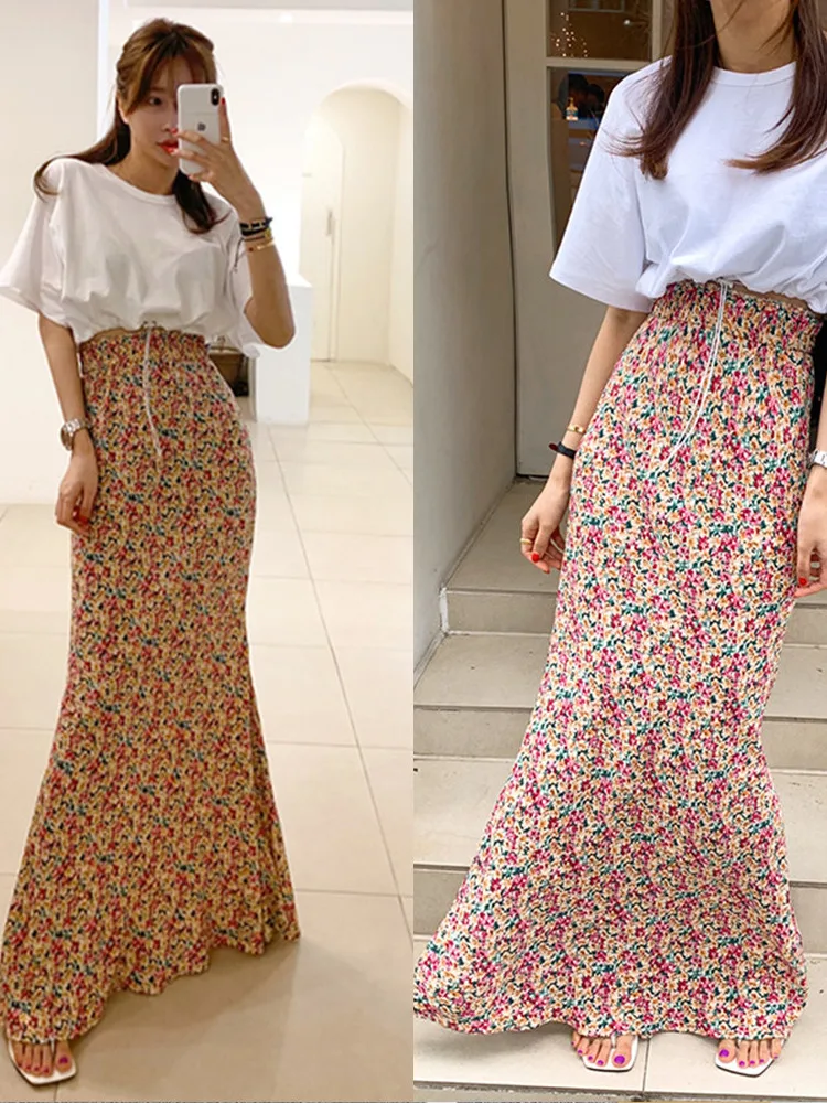

Retro Floral High Waist Fi Tail f Skirt Women Summer Gentle Elegance Lace Trim Irregular Floor Length Skirt Commute Sle