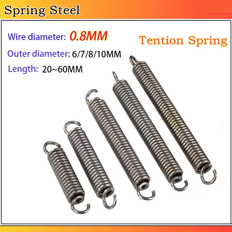 Spring Steel  Single Hook SpringTension Spring Wire Dia 0.8MM  OD 6/7/8/10MM Length 20~60MM 10~1000Pcs