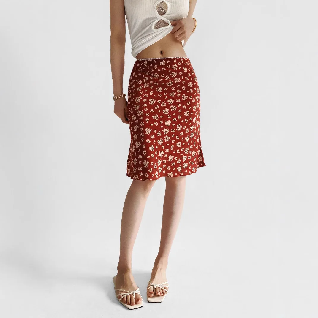 Retro Hip-wrapped Medium and Long Skirt Waist-wrapped Hip Plaid Skirt New Floral Summer Women