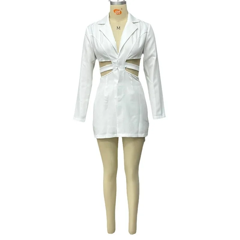 Sexy Cutout Straight Dress 2025 Autumn New Europ-American Style Women's Fashion Slim Waist Blazer Collar Pure Desire Vibe Dress