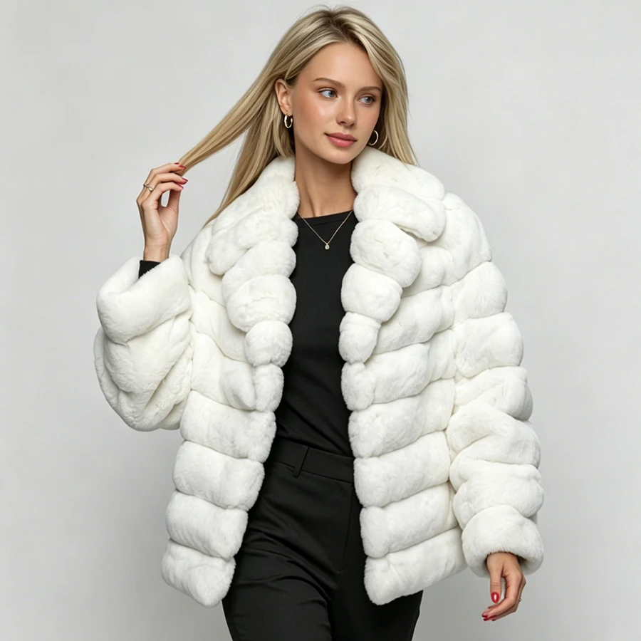 

White Real Rex Rabbit Fur Coat With Collar Short Chinchilla Coloured Jacket Furry Jacket Women High Quality Natural Fur Jacket