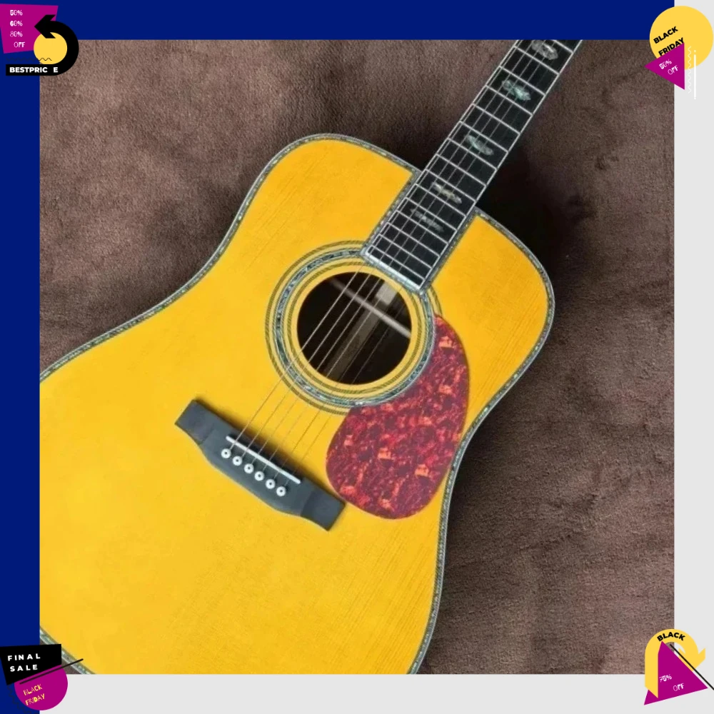 41INCH Yellow D45 Folk Acoustic Spruce Top Rosewood Fingerboard Abalone Inlay with Pickguard Sealed Fishbone Tuners
