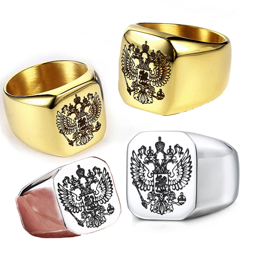 7/8/9/10/11/12 Stainless Steel Double Head Eagle Ring Gold Silver Color Russian National Badge Finger Jewelry Drop Shipping