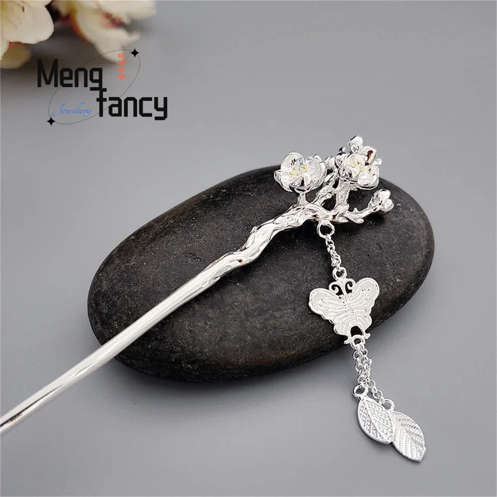 Female Ancient Style Tassel Plum Blossom Hanfu Plate Hair Silver-plated Hairpin Exquisite High-grade Luxury Fashion Fine Jewelry image 4