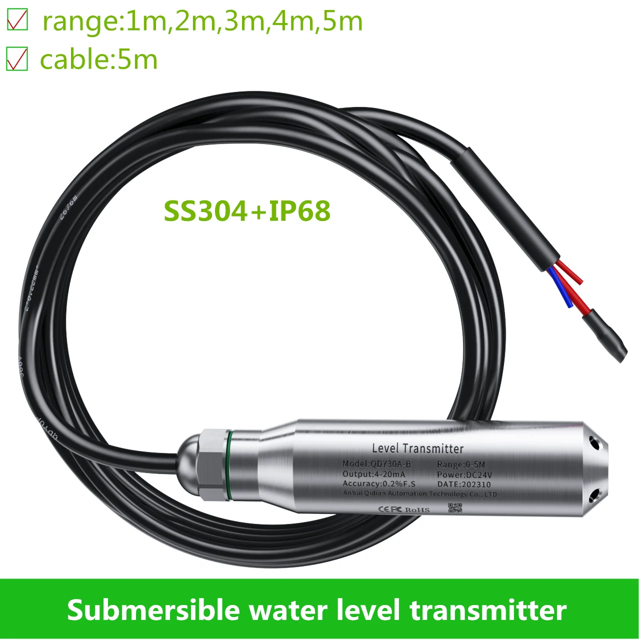 

Submersible water Level Transmitter 4-20mA 0-10V 0-3.3V RS485 output Water Tank 24V 5Vdc power Liquid Pressure Sensor