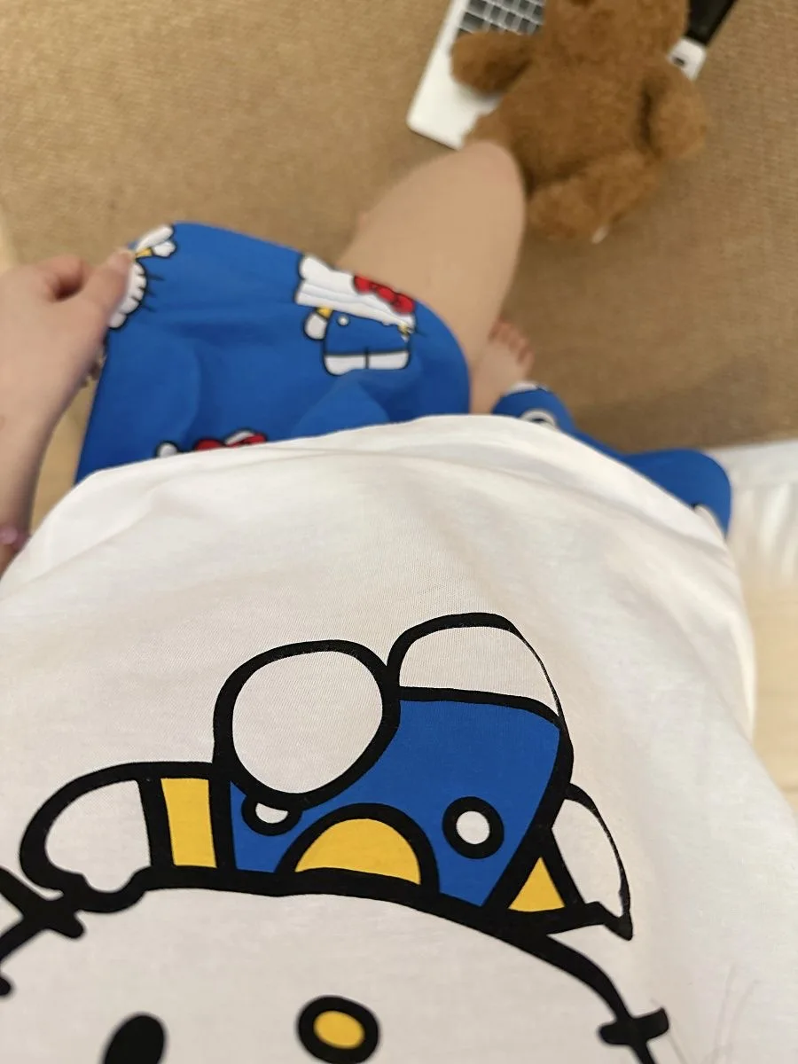 سانريو مرحبا كيتي منامة أنيمي الصيف المرأة الكرتون تي شيرت أبيض والسراويل الزرقاء دعوى لينة تنفس الملابس المنزلية #3