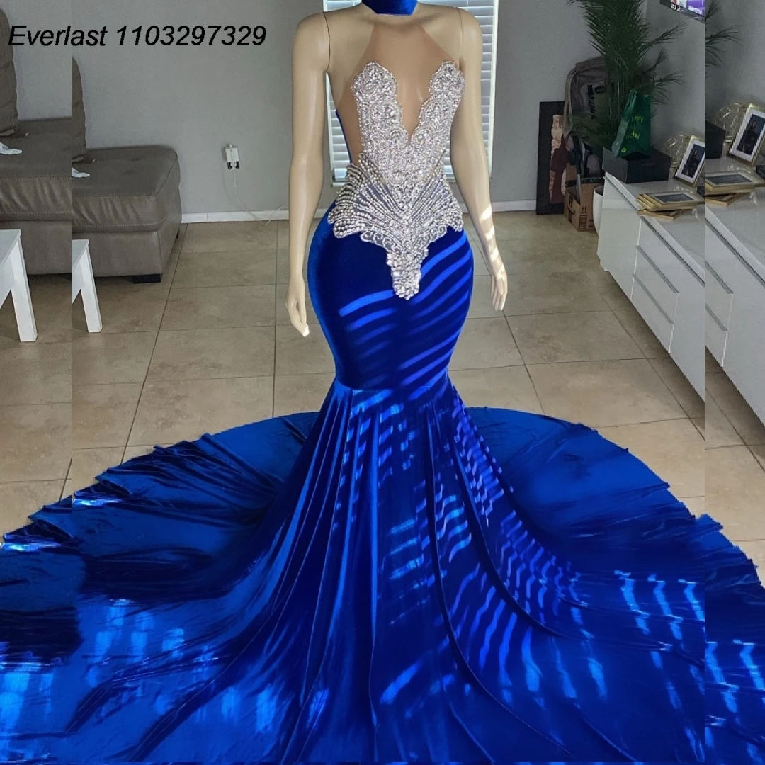 

EVLAST Customized Royal Blue Rhinestone Velvet Prom Dress For Black Girls Silver Diamond Crystals Beaded Party Gala Gown TPD113