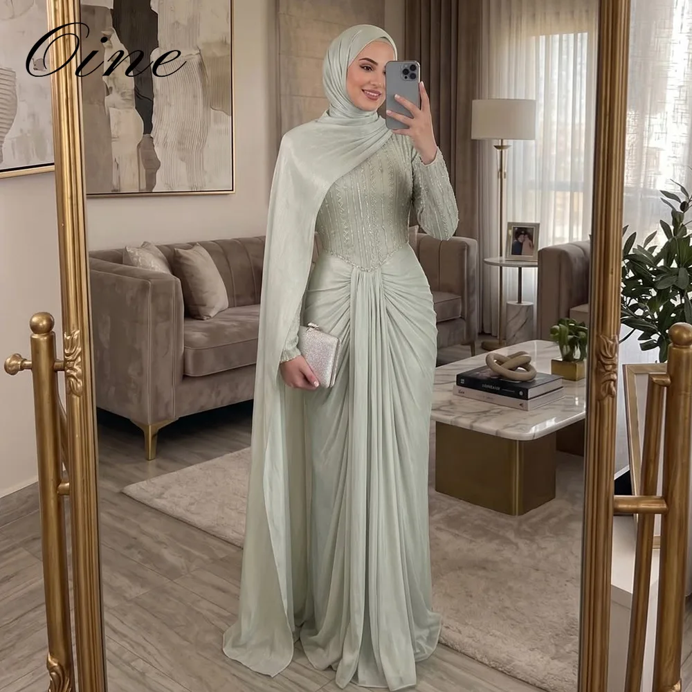 Oine Maßgeschneiderte Meerjungfrauen-Abendkleider mit langen Ärmeln, Schal und Perlenstickerei für muslimische Partys – Vestidos De Noche 2026 für formelle Anlässe