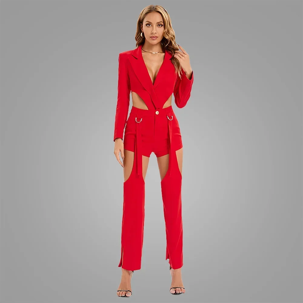 Conjunto de trajes de pantalones rojos para mujer, ropa Sexy para mujer, esmoquin de pasarela sin espalda, chaqueta informal, abrigo para niña caliente