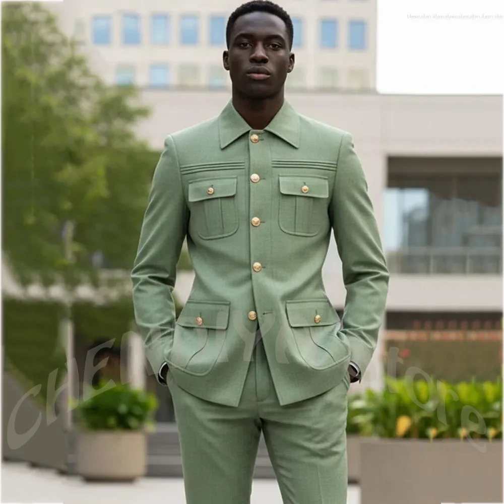Solid Color Men's Safari Suit Set Slim Fit Stand Collar Multi Pocket Blazer Pants Formal Party Daily Office Male Fashion Costume