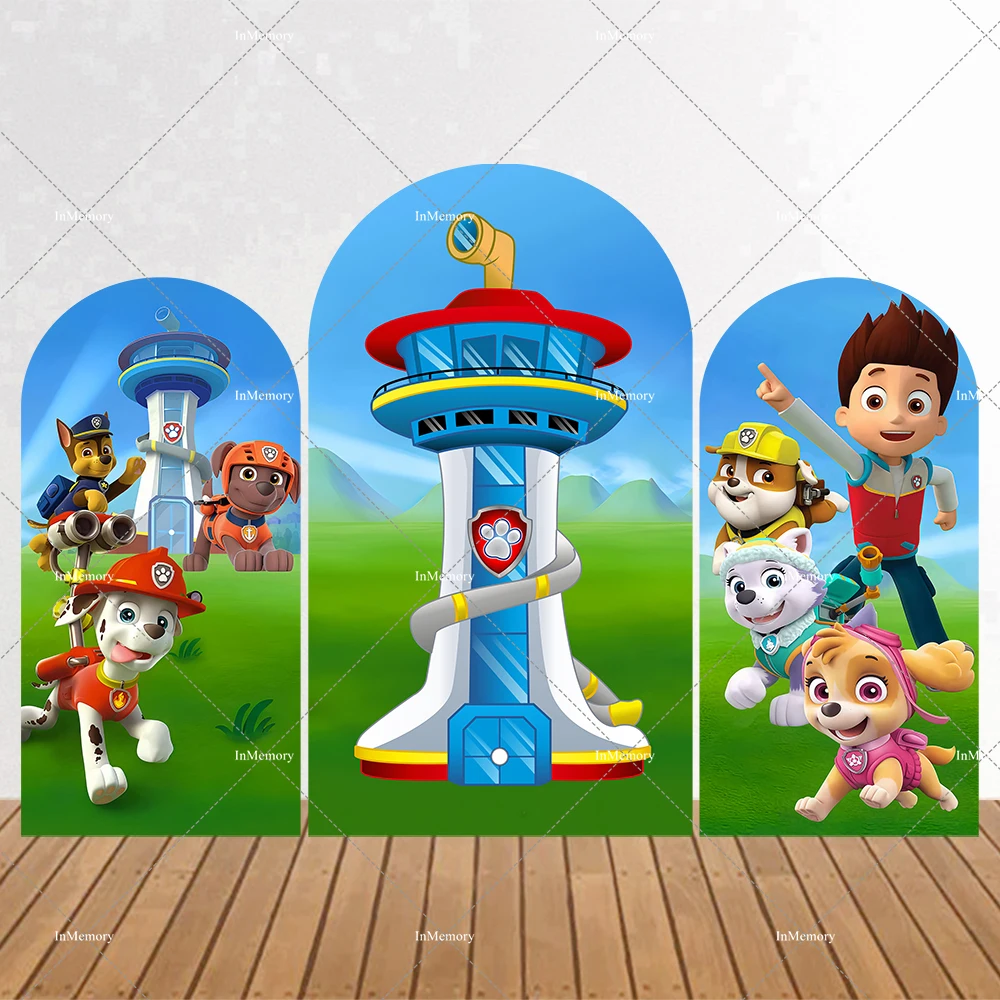 Kids Paw Patrol Theme Baby Shower Birthday Party Arch Backdrop Blue Sky Lookout Tower Lawn Puppy Power Arched Background 2-sided