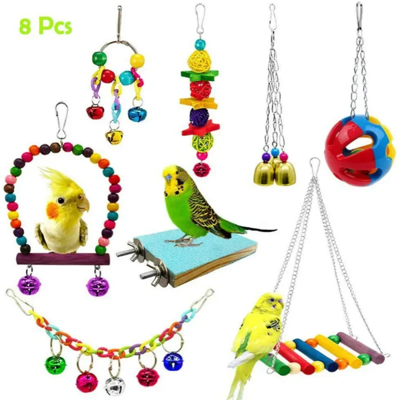 Parrot Bite Toy Pet Bird Swing Bell String Scrub Springboard 8-Piece Set