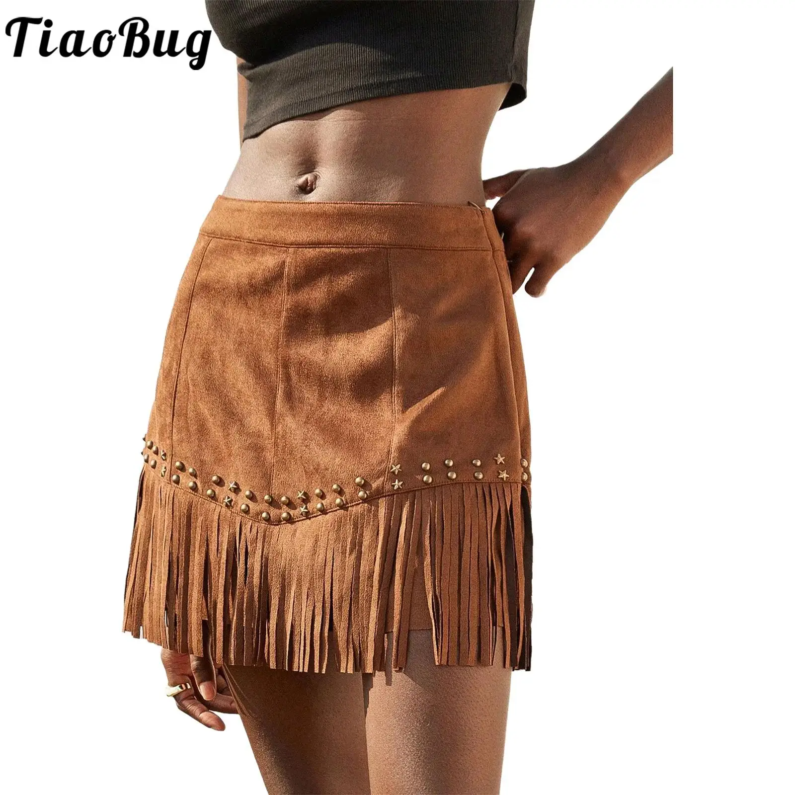 Mulheres y2k retro cowgirl franja mini saias ouro parafuso prisioneiro enfeites borla hem saia de camurça falsa para hippie dança festa temática