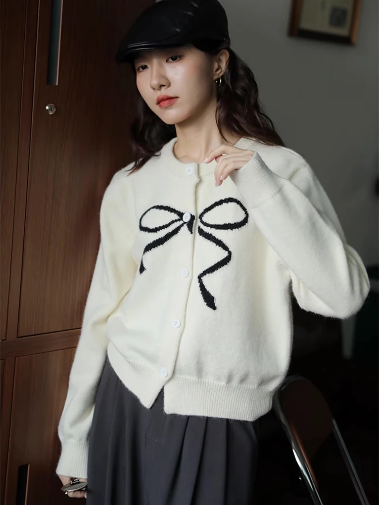 Zoki Vintage Bow Print Y2K Cardigan Sweaters Women Casual Harajuku Knitted Coat Korean Retro Long Sleeve Female Fall O Neck Tops