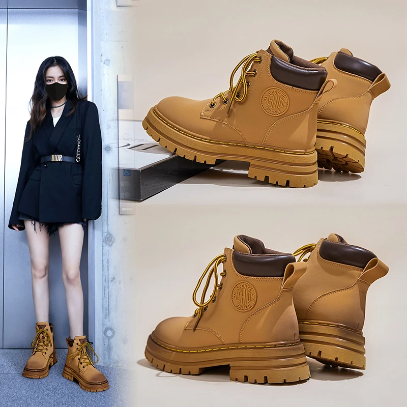 

Cow Leather Wheat Boots Women Fashion British Style Platform Basic Boots Couple Winter Warm Lace-up Ankle Boots High Top Shoes