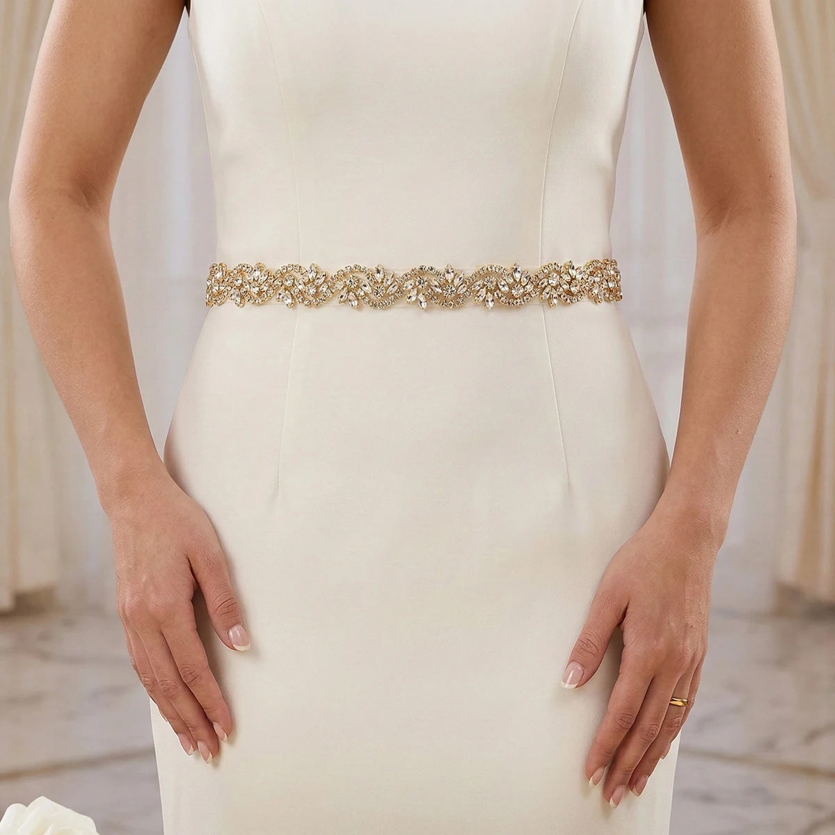Luxury Gold Crystal Wedding Belt for Bride Rhinestone Bridal Sash Leaf Design Hand-stitched Prom Evening Party Gown Accessories