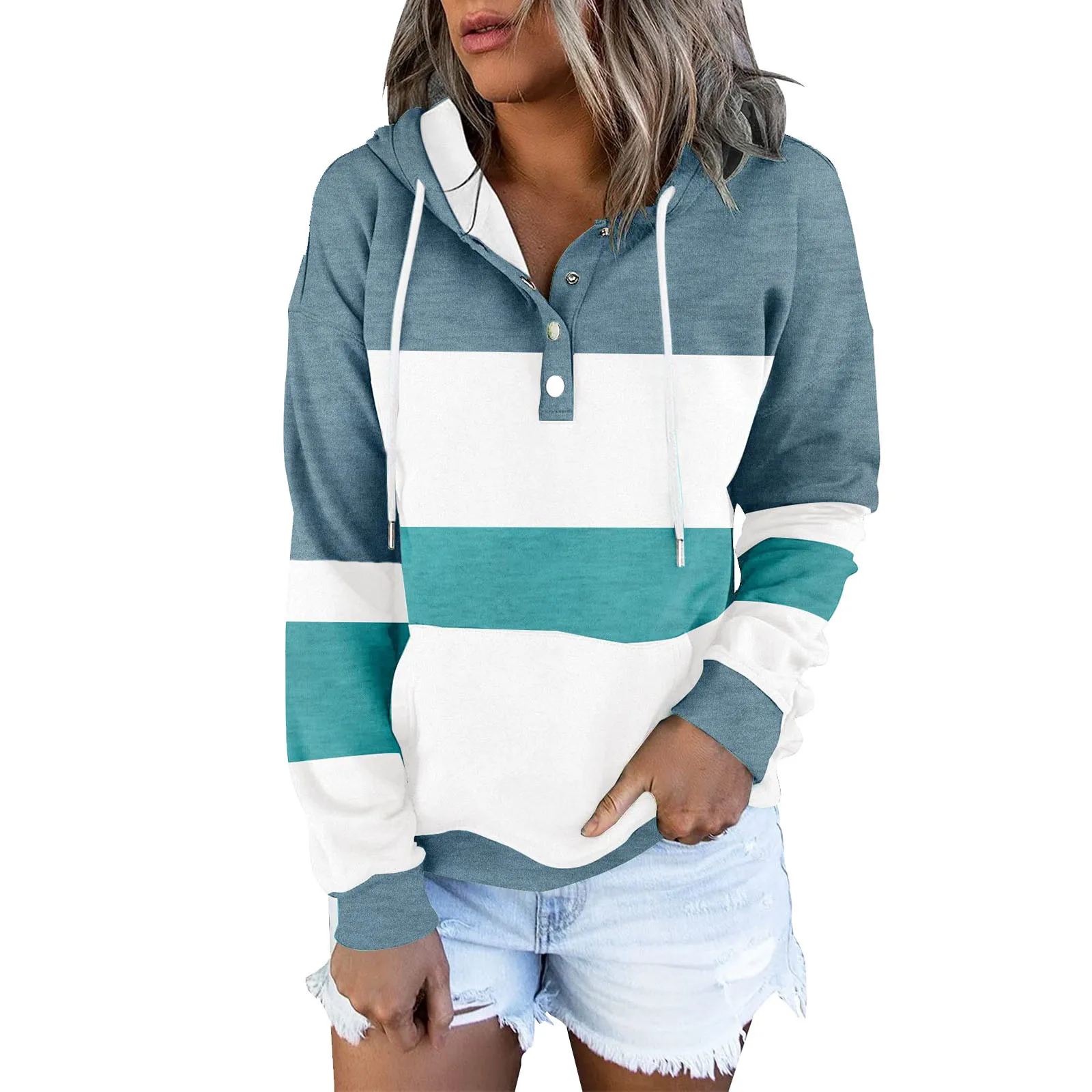 Womens Color Block Hoodies Tops Long Sleeve Casual Drawstring Button Down Pullover Sweatshirt With Drawstring Kpop Bluza Damska