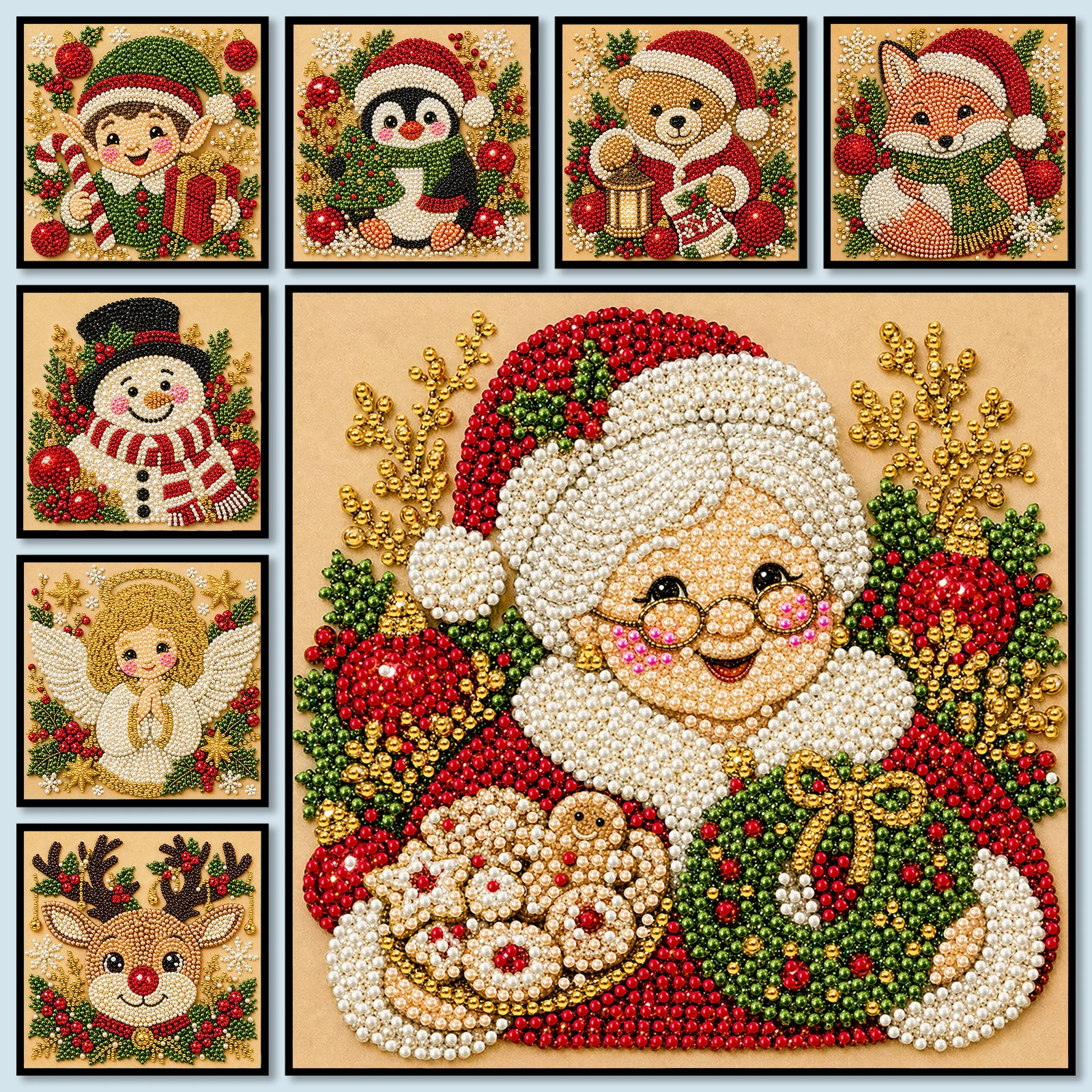 DIY Pearl Bead Painting Kit with Frame 20x20cm Christmas Self-Adhesive Canvas Art Craft Full Drill