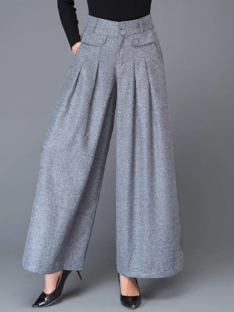 Gymystars Baggy Pants Women High Waisted Trousers New Casual Buttoned Pockets Solid Color Split-Joint Wide Leg Pants for Female