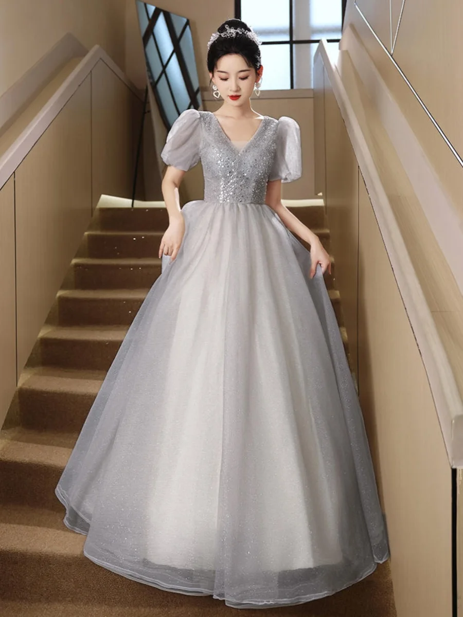 

Вечернее платье женское длинное, класса люкс, для студенток, для церемоний, для взрослых, для ведущих, корейский стиль, с коротким рукавом, V-образный вырез.