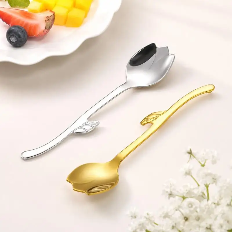 Stainless Steel Tulip Spoon Creative Floral Design Rust Resistant For Dessert Coffee Tea