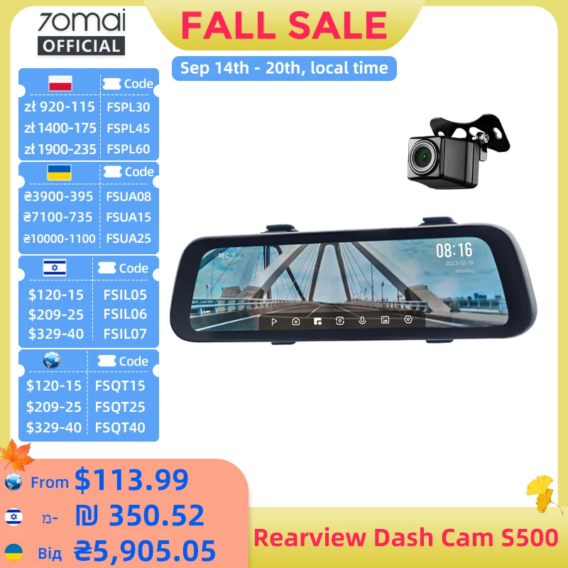 9.35 9.35 Inch Full Screen 70mai Rearview Dash Cam S500 1944P Auto Cam 138FOV 70mai S500 Mirror Car Recorder Stream Media Car DVR - Aliexpress Deal