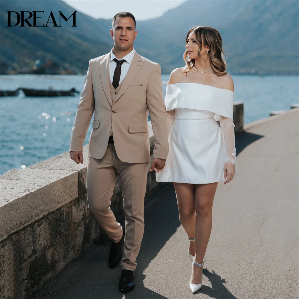 DREAM Off The Shoulder Satin Short Wedding Dresses Women Long Sleeve Open Back A-Line Bridal Gown Vestidos De Novia Customized