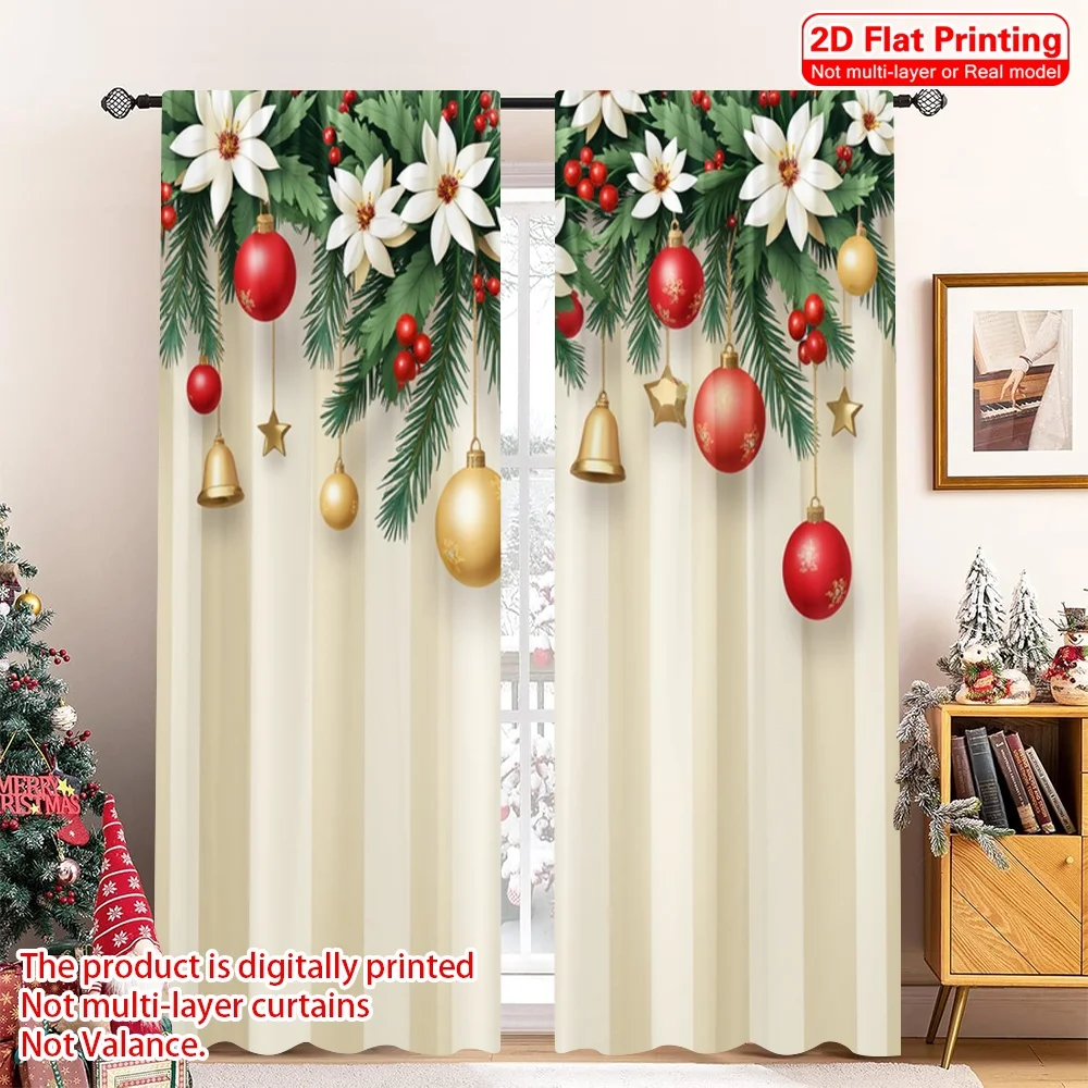 

2pcs 2D flat printing Merry Christmas Curtain Christmas Ornaments Poinsettia Garland Polyester Without Electricity Festive