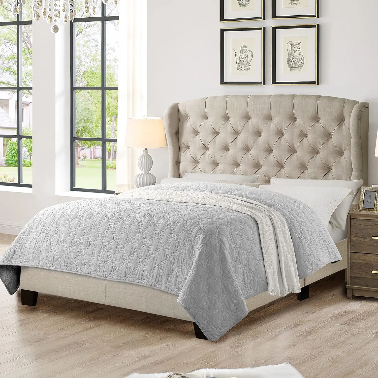 

Wingback Platform Tufted Headboard Adjustable Height Fabric Upholstered Bed Frame/Wood Slat Support/Easy Assembly