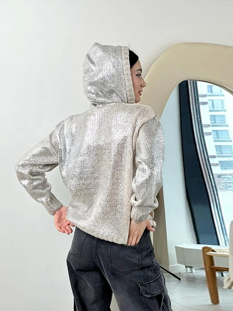 

Knitted Sweaters For Women Autumn Winter Pullover Long Sleeve Metal Hoodie Shiny 2025 Elegant Female All-match Coats