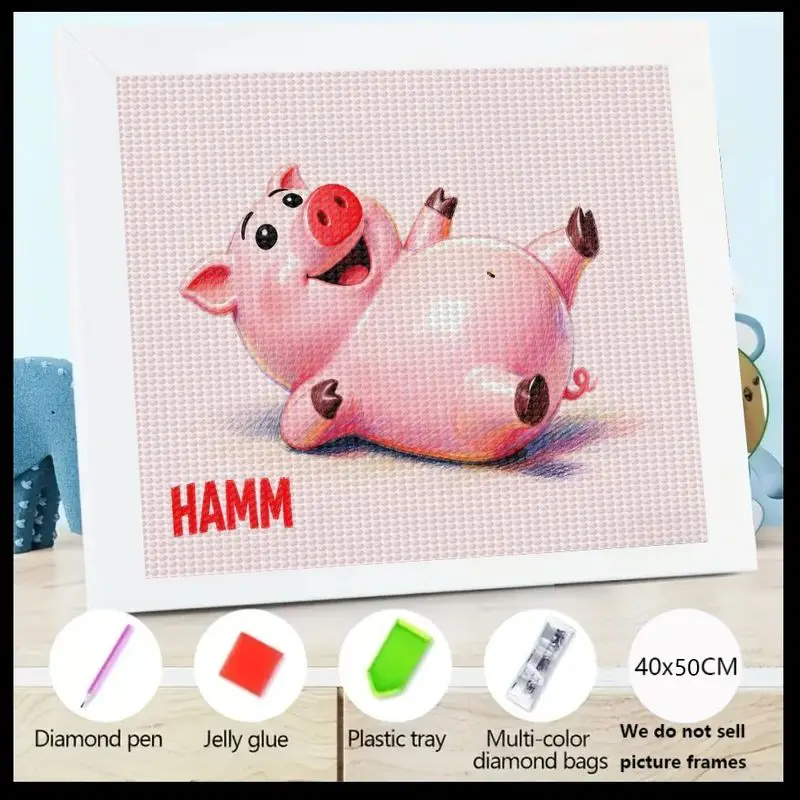 Kit de pintura de diamante 5D DIY, taladro completo, lindo cerdo rosa feliz, arte Animal de dibujos animados "HAMM", pintura de gemas de cristal grande de 40x50CM, 1 ud.
