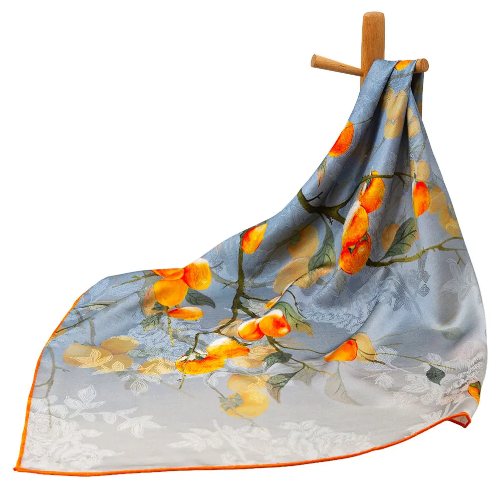 

65cm Double Sided Pure Silk Hualuo Square Scarf Women Persimmon Print Shawl Oriental Hair Wrap Elegant Neckerchief Client Gift