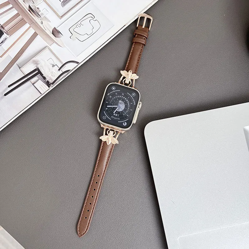 

Stylish Bee Leather Strap for Apple Watch Band Ultra 2 49mm 41mm 45mm Slim Buckle Wristband for iWatch 9 8 7 6 SE 44mm 42mm 40mm