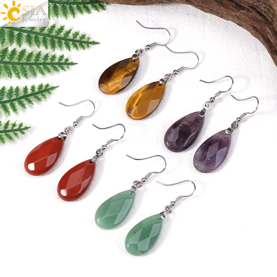 CSJA Naturstein Wassertropfen Kristall Ohrring Edelstahl Ohrringe Amethyst Rosenquarz Modeschmuck Geschenk für Frauen H727