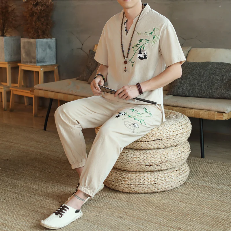 

Chinese Style Embroidery Men's Sets Loose Breathable V-neck Casual Short Sleeve Shirt+trousers 2 Piece Set