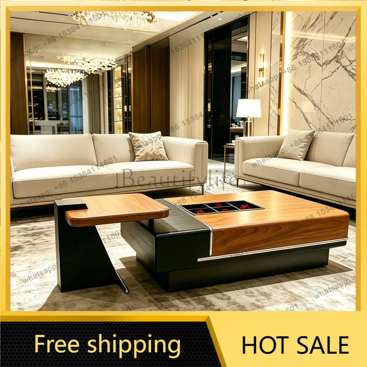 XX. Modern simple 2026 new solid wood coffee table with storage compartment stainless steel decorative strip tea table