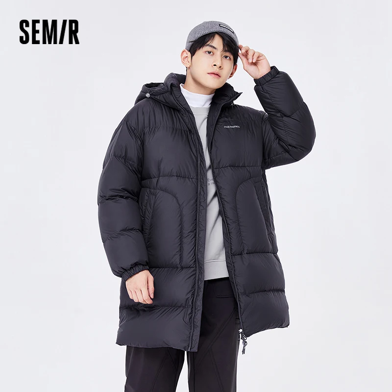 Semir Down Jacket Men Loose Thick Winter Drawstring Hooded Coat Casual Waterproof Fashion Versatile Long Down Jacket