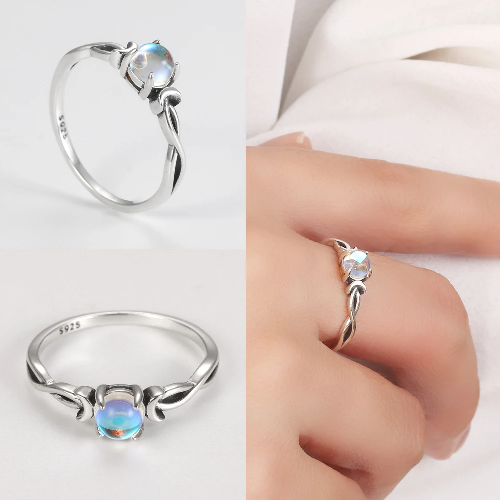 925 Sterling Silver Oval Rainbow Moonstone Flower Pendant Finger Rings for Women Girlfriend Romantic Fine Braided Wide Jewelry