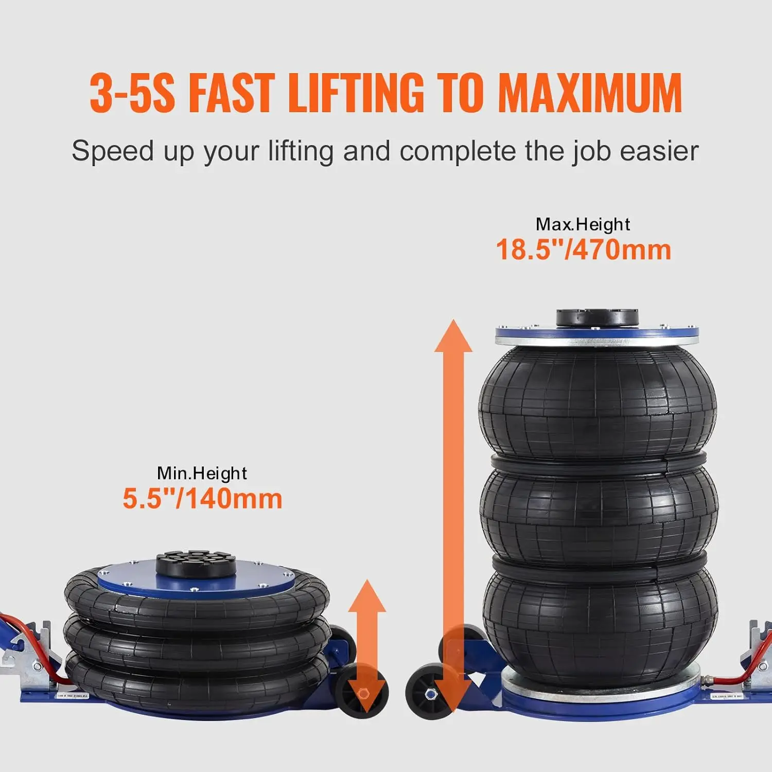 5 Ton Triple Bag Air Jack, Fast Lifting Pneumatic Jack with Steel Pipes, Adjustable Handle for Car Repair